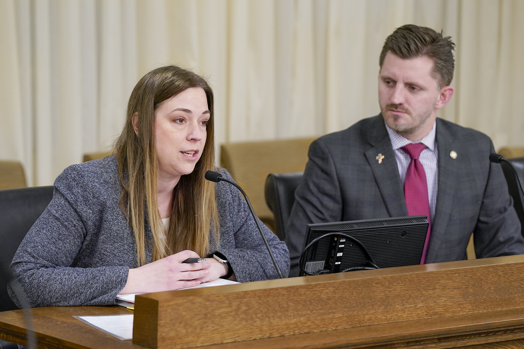 Labor and Industry Commissioner Nicole Blissenbach testifies March 12 before the House Workforce, Labor, and Economic Development Finance and Policy Committee against HF1325. Sponsored by Rep. Isaac Schultz, the bill would modify the state’s earned sick and safe time law. (Photo by Michele Jokinen)