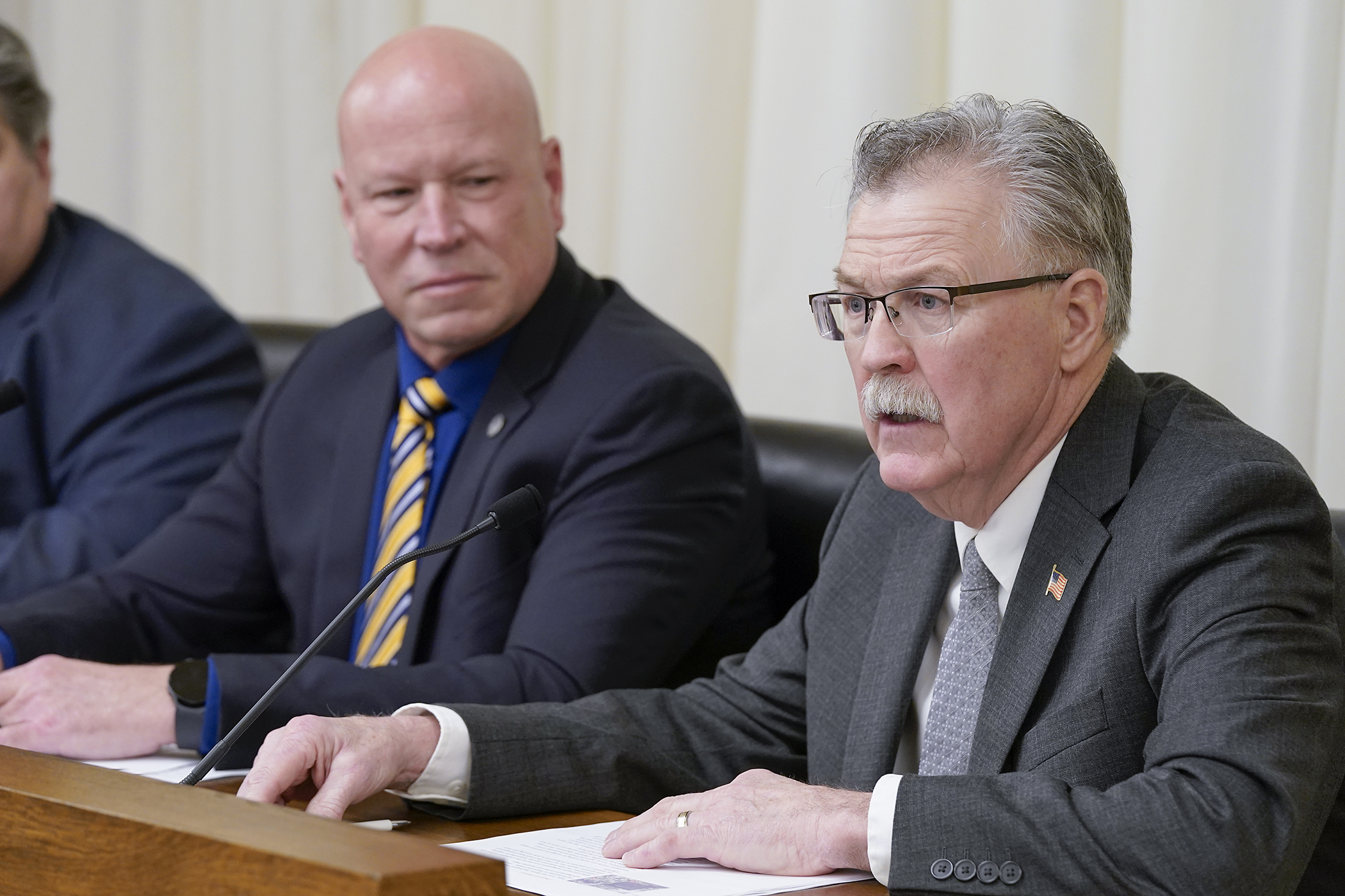 Fran Miron, Washington County commissioner and chair of the Partnership on Waste and Energy, testifies in support of HF1359 to increase the percentage of the revenues dedicated to the environmental fund. Rep. Wayne Johnson, left, sponsors the bill. (Photo by Michele Jokinen)