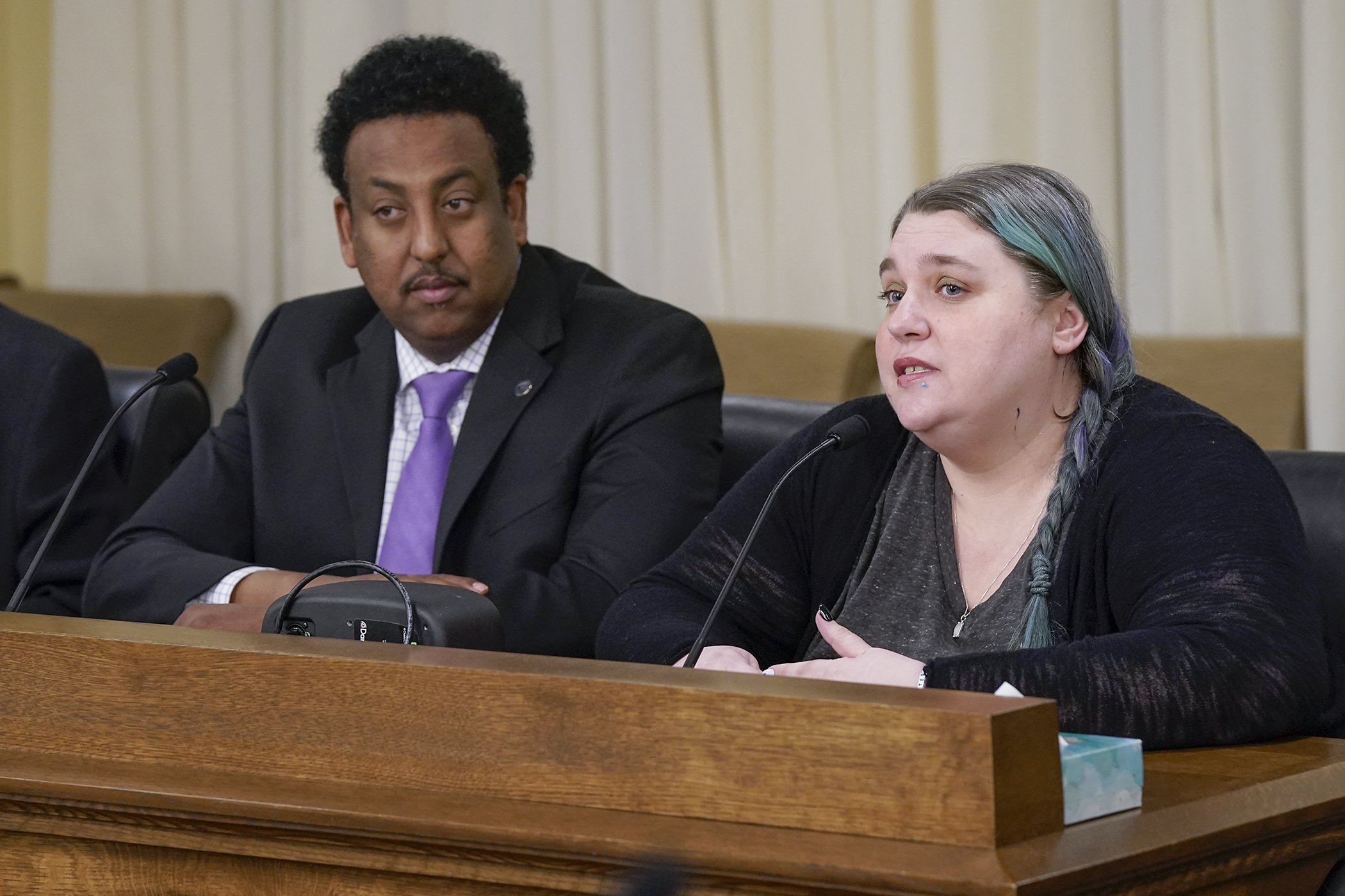 Jillian Nelson, policy director for the Autism Society of Minnesota, testifies in support of HF1566 that would provide additional accommodations to children with autism and rental properties. Rep. Samakab Hussein, left, sponsors the bill. (Photo by Michele Jokinen)