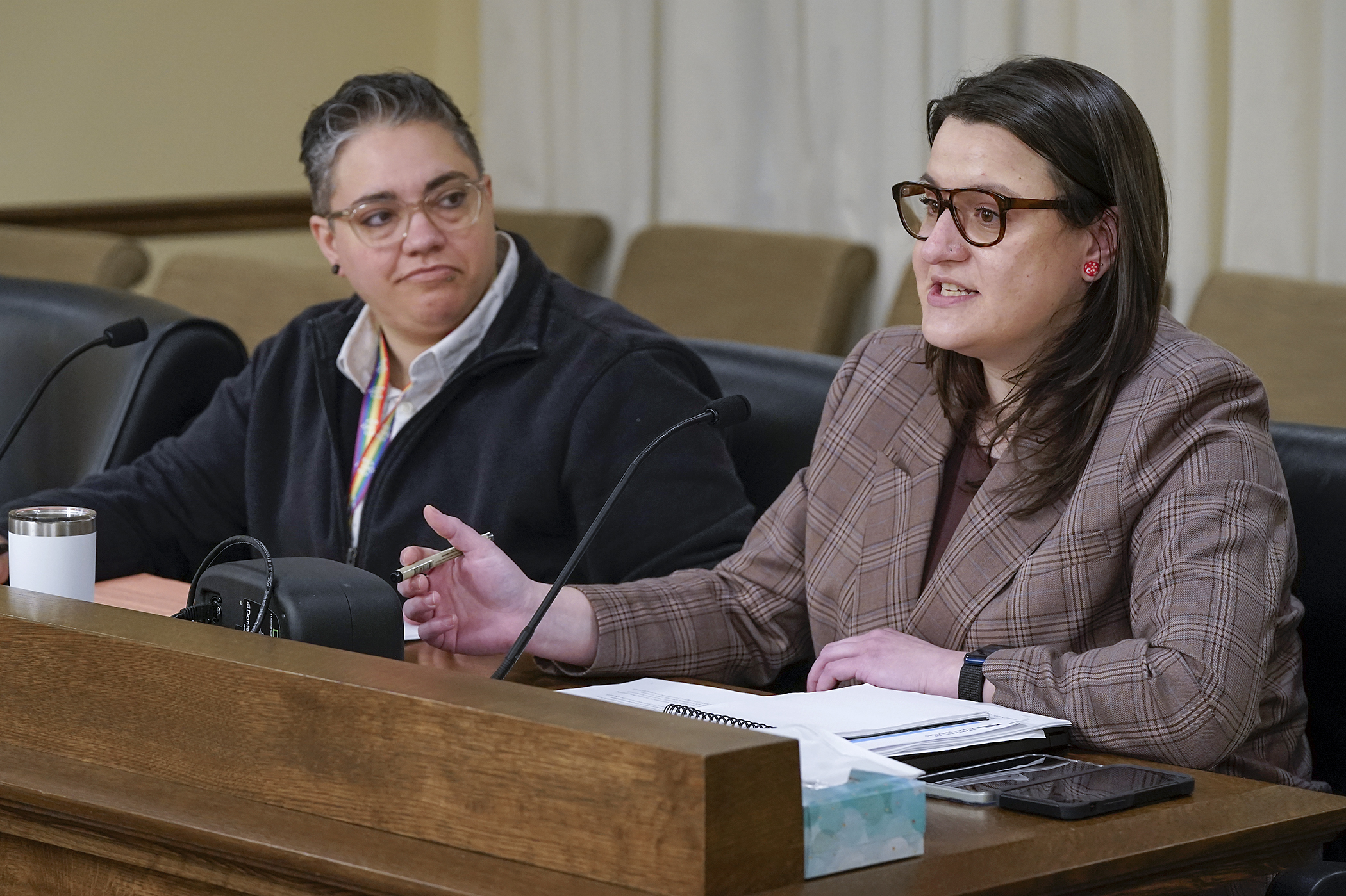 Ari Didion, legislative director for the Office of Inspector General at the Department of Human Services, testifies March 20 for HF2260 that would, in part, establish anti-kickback policies and criminal violations for human services programs. The bill is sponsored by Rep. Brion Curran, left. (Photo by Michele Jokinen)

