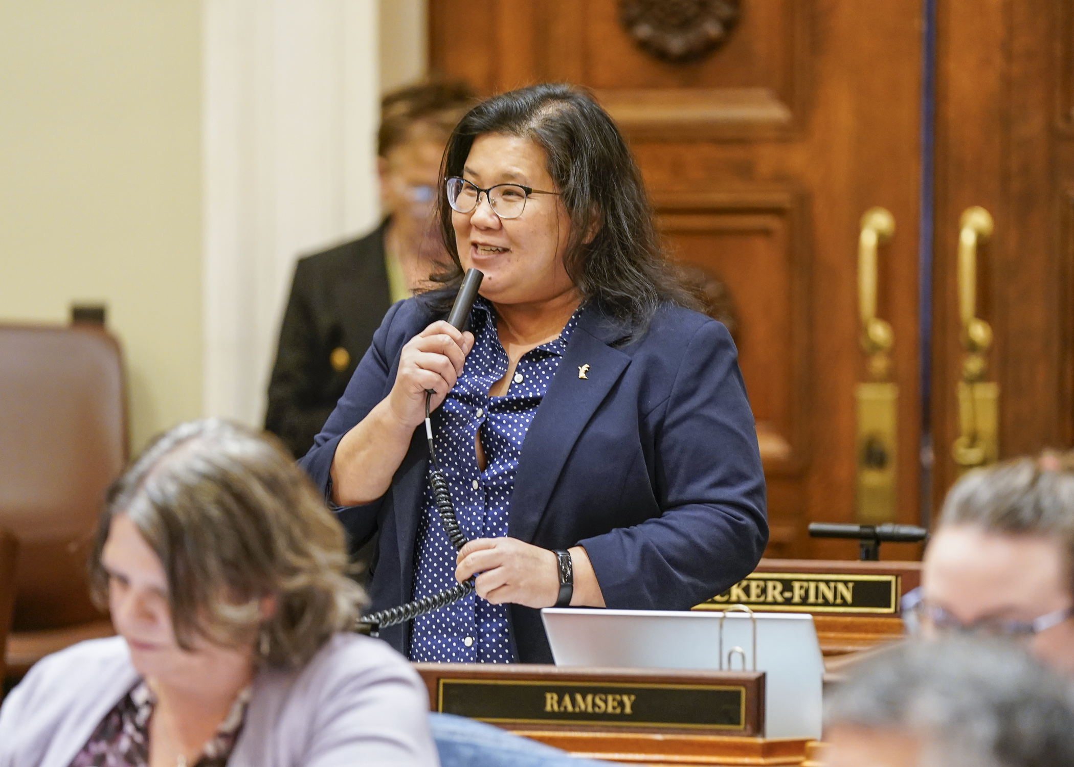 Rep. Kaohly Vang Her outlines the omnibus pensions bill on the House Floor April 21. It passed 120-0. (Photo by Catherine Davis)